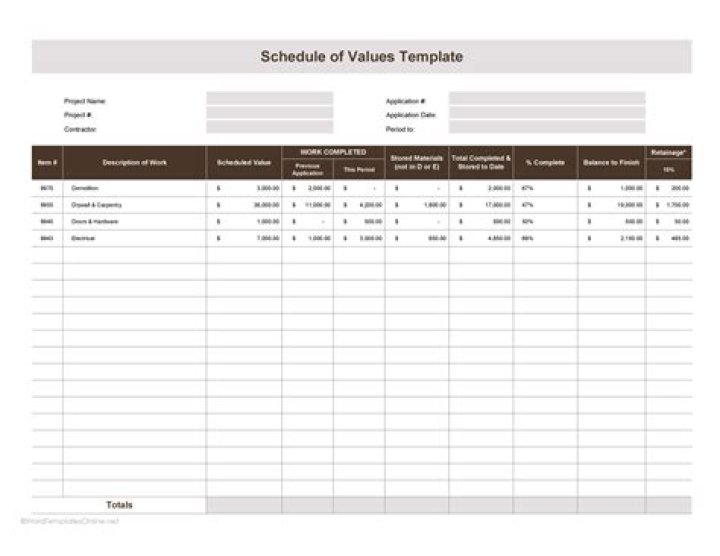 What should be included in schedule of values?